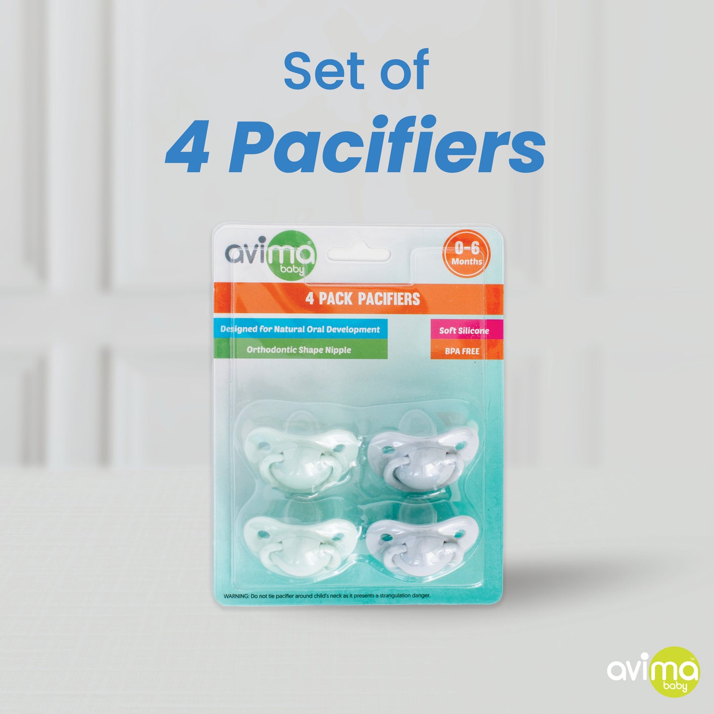 Avima Baby Orthodontic Pacifiers 0-6 Months – 4-Pack, Green & Grey