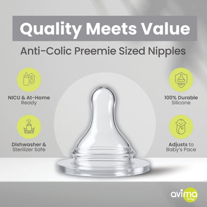 Avima Preemie Bottle Nipples 6-Pack – Extra Slow Flow Size 0, Anti-Colic, BPA-Free Silicone