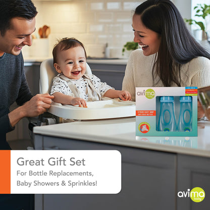 Avima Easy Grip Baby Bottles, 8 oz. Wide Neck w/Medium Flow & Bottle Brush (Pack of 3)
