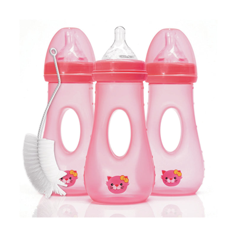Avima Easy Grip Baby Bottles, 8 oz. Wide Neck w/Medium Flow & Bottle Brush (Pack of 3)