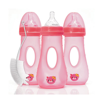 Avima Easy Grip Baby Bottles, 8 oz. Wide Neck w/Medium Flow & Bottle Brush (Pack of 3)