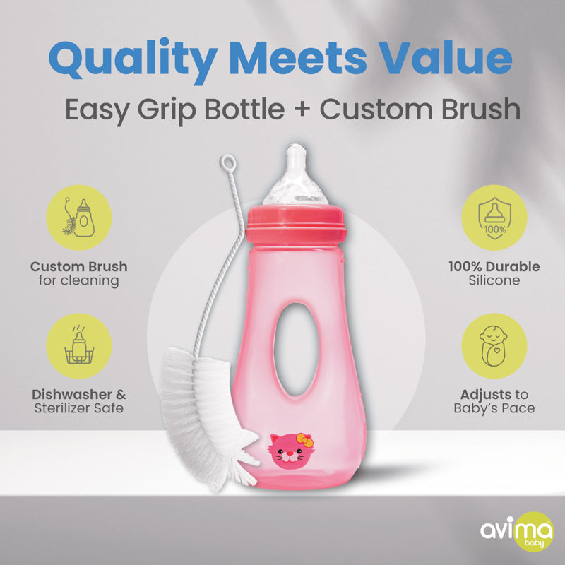 Avima Easy Grip Baby Bottles, 8 oz. Wide Neck w/Medium Flow & Bottle Brush (Pack of 3)