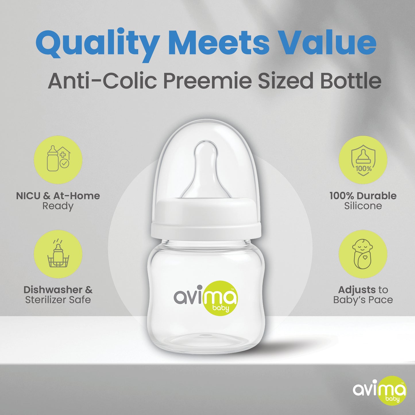Avima Anti-Colic Preemie Bottles 2oz 6-Pack – Standard Neck, Extra Slow Flow Silicone Nipples
