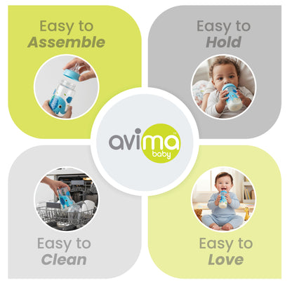 Avima 9 oz Anti Colic Baby Bottles for Breastfed Babies - Medium Flow Nipples, Wide Neck Bottle, BPA Free - 3-6 Months, Stage 2 (Set of 3)