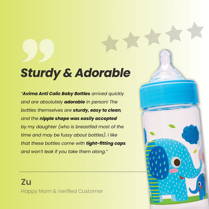 Avima 9 oz Anti Colic Baby Bottles for Breastfed Babies - Medium Flow Nipples, Wide Neck Bottle, BPA Free - 3-6 Months, Stage 2 (Set of 3)