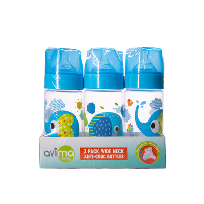 Avima 9 oz Anti Colic Baby Bottles for Breastfed Babies - Medium Flow Nipples, Wide Neck Bottle, BPA Free - 3-6 Months, Stage 2 (Set of 3)