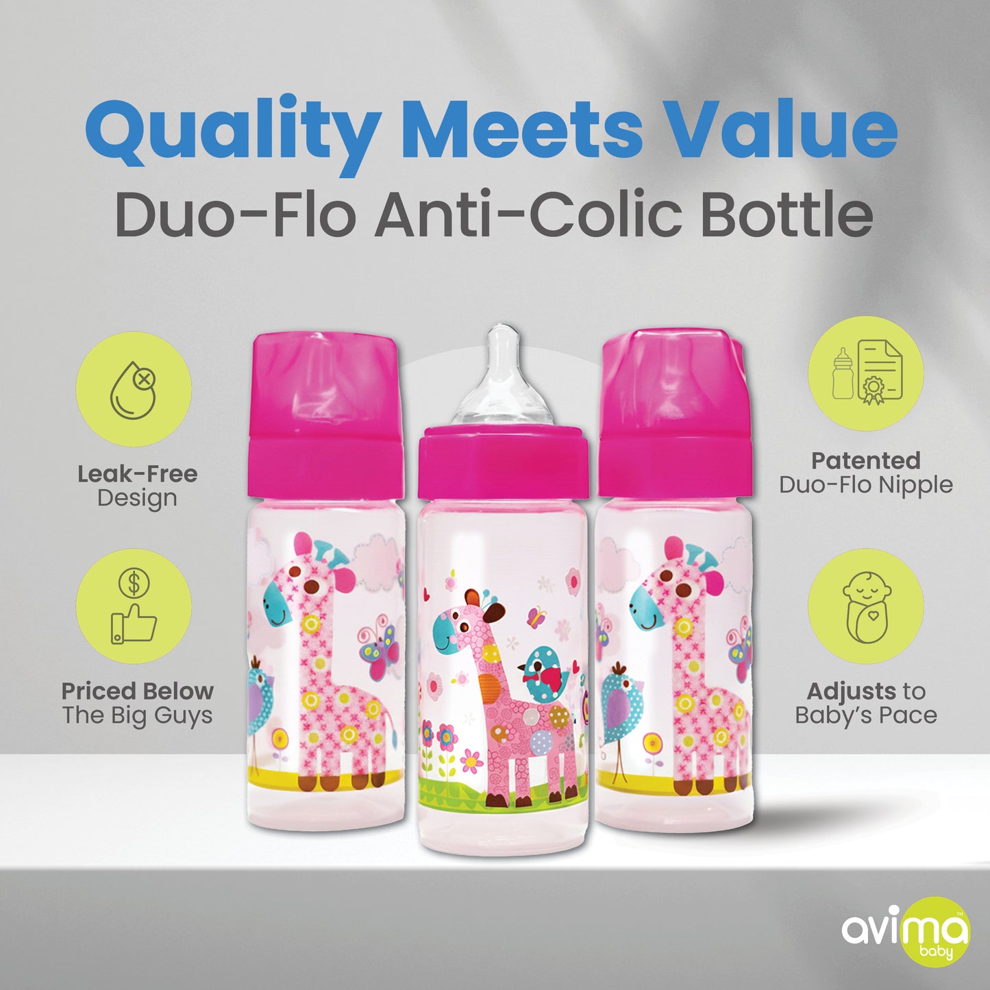 Avima 9 oz Anti Colic Baby Bottles for Breastfed Babies - Medium Flow Nipples, Wide Neck Bottle, BPA Free - 3-6 Months, Stage 2 (Set of 3)