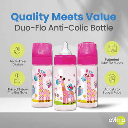 Avima 9 oz Anti Colic Baby Bottles for Breastfed Babies - Medium Flow Nipples, Wide Neck Bottle, BPA Free - 3-6 Months, Stage 2 (Set of 3)
