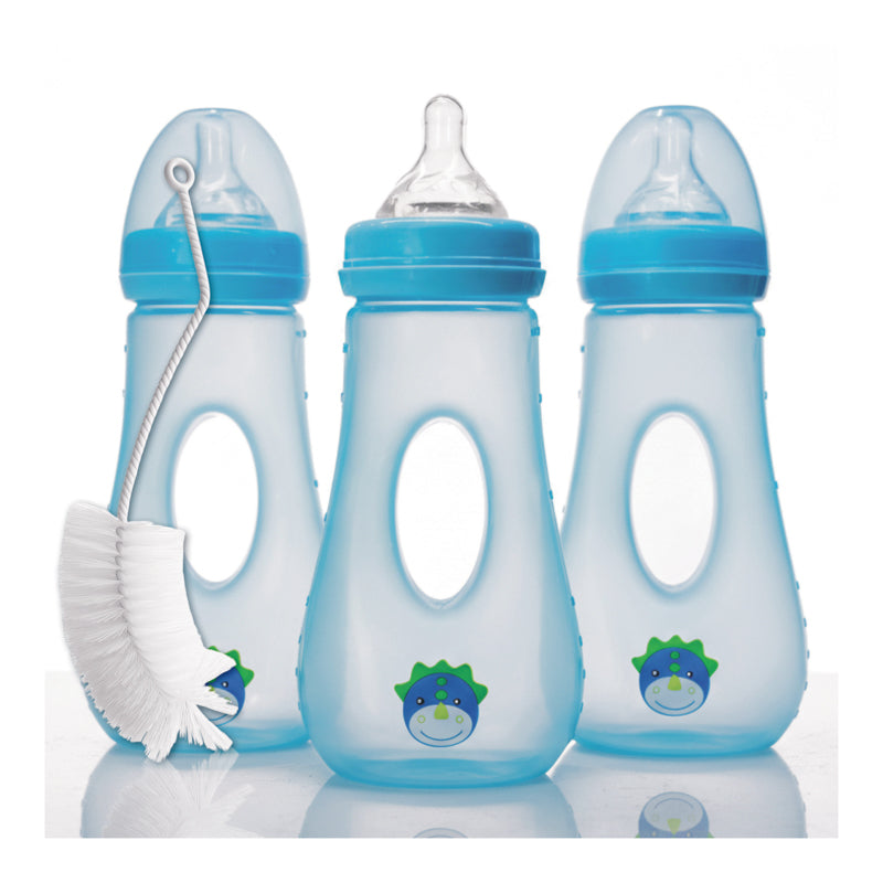 Avima Easy Grip Baby Bottles, 8 oz. Wide Neck w/Medium Flow & Bottle Brush (Pack of 3)