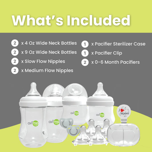 Avima Wide Neck Baby Bottle Starter Kit – 12 Piece Set